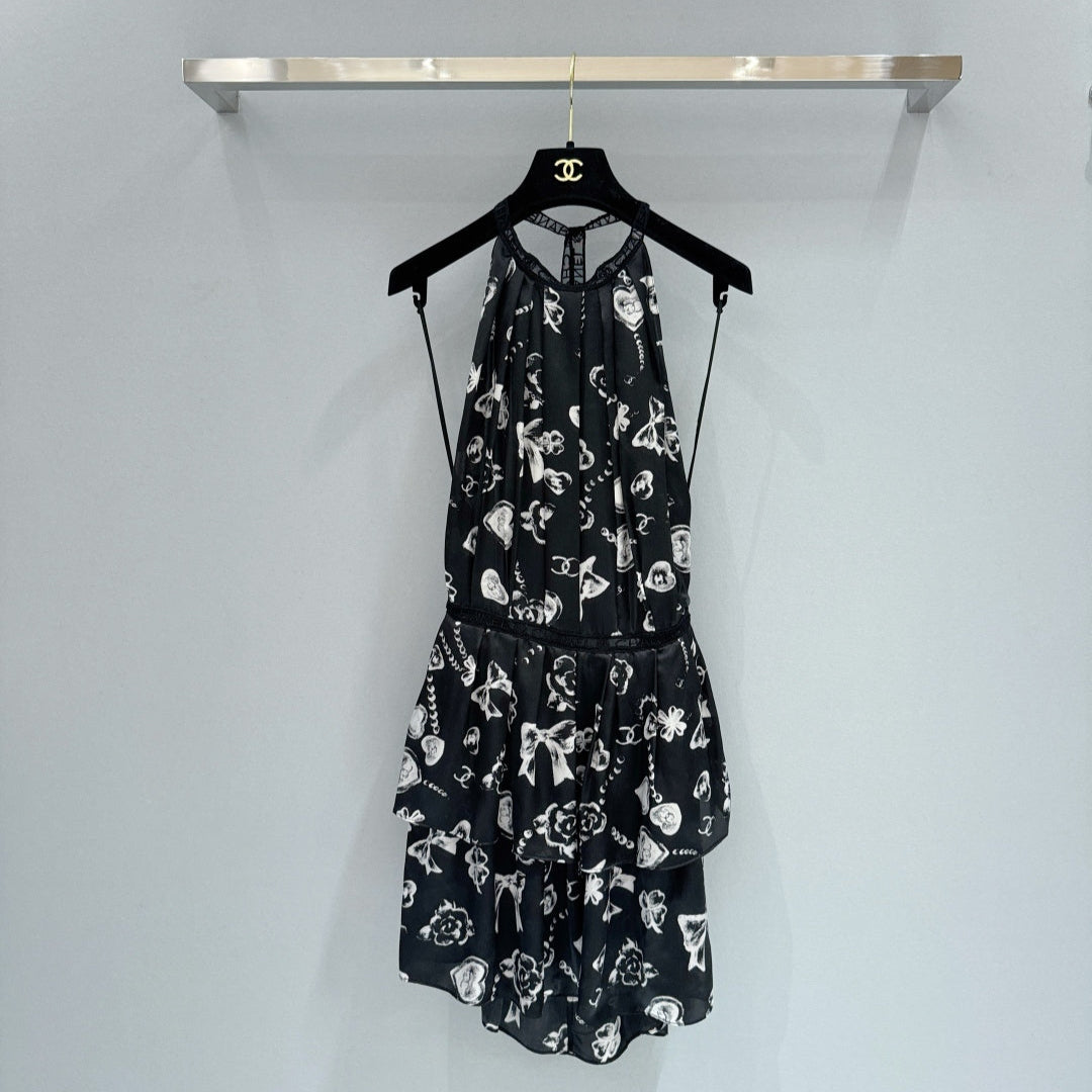 Double C Printed Lace Halter Neck Dress - CHANEL