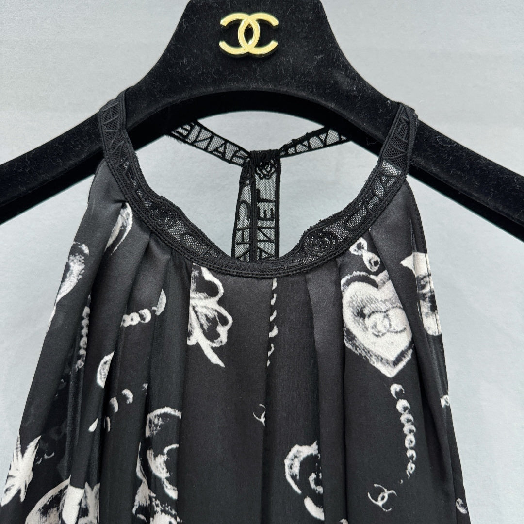 Double C Printed Lace Halter Neck Dress - CHANEL