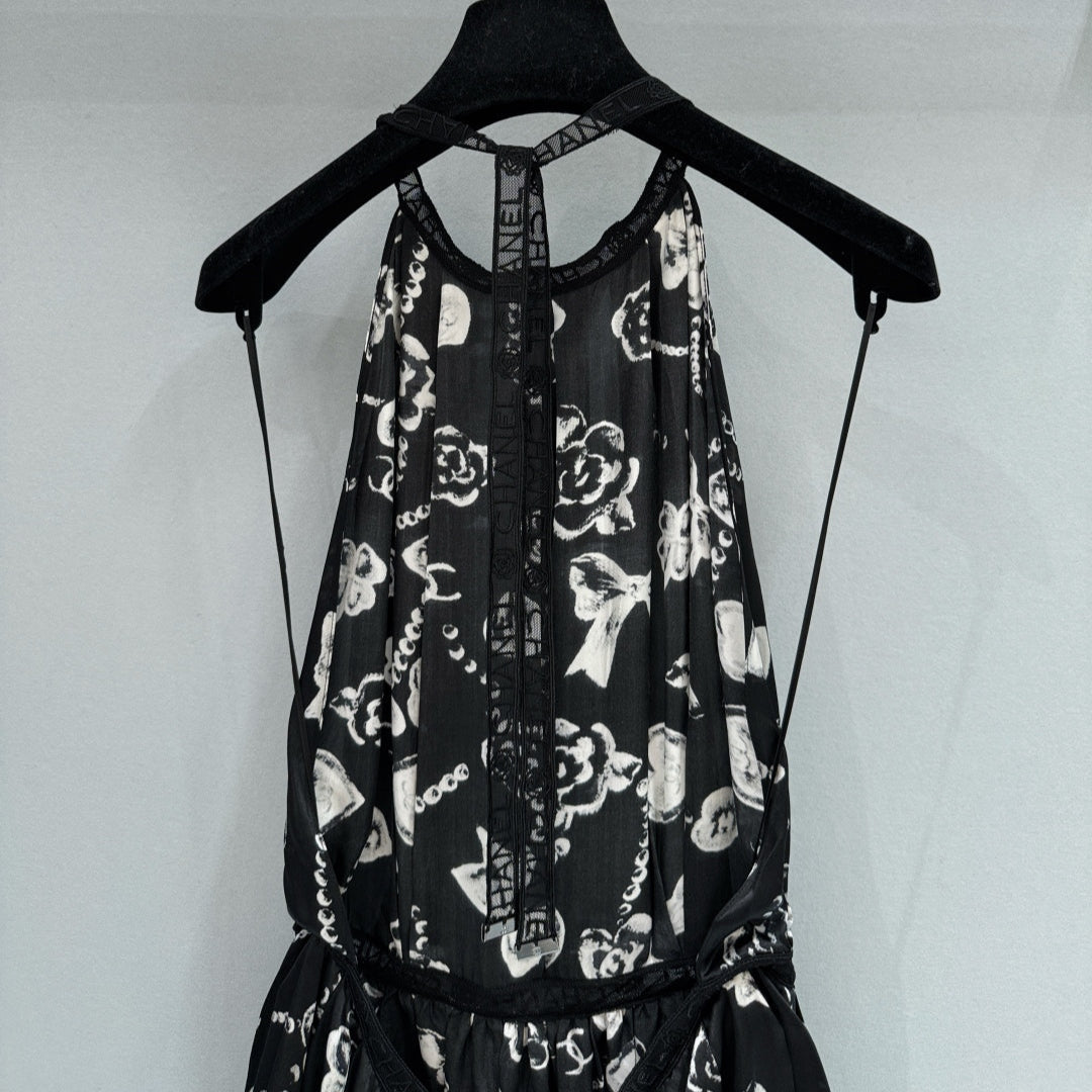 Double C Printed Lace Halter Neck Dress - CHANEL