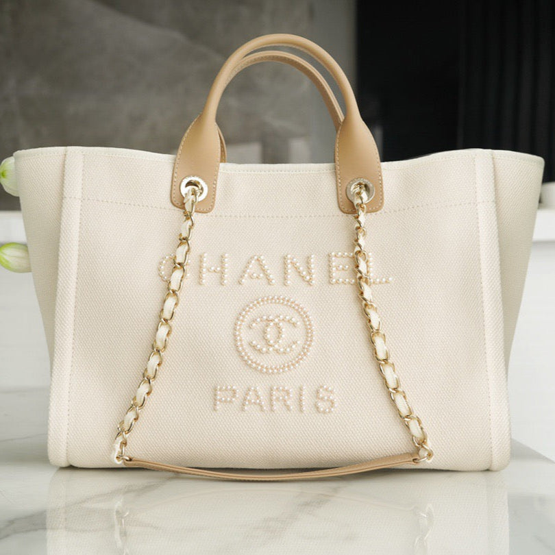 Pearl Logo Embroidered Beach Bag - CHANEL