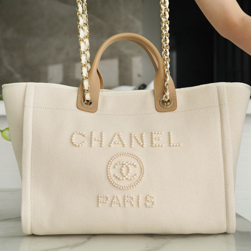 Pearl Logo Embroidered Beach Bag - CHANEL