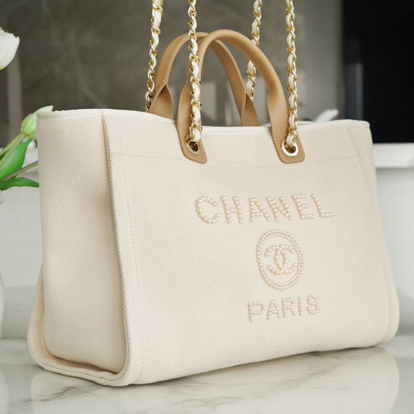Pearl Logo Embroidered Beach Bag - CHANEL